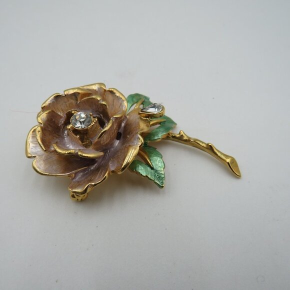 Vintage 1997 England's Rose Flower Brooch Gold Tone Enamel Rhinestone Pin Jewelr - Picture 4 of 9